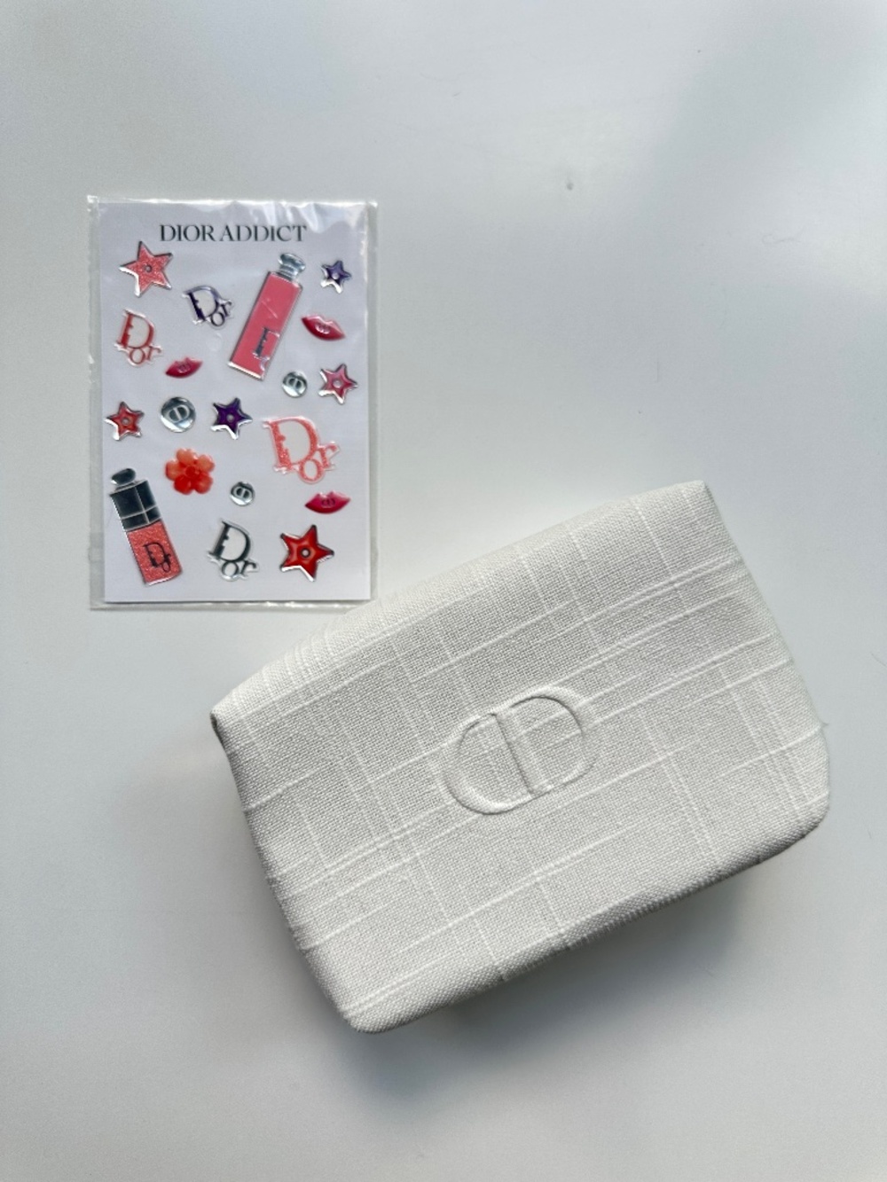 New Christian Dior White Cosmetic Bag Pouch and Puffy Stickers